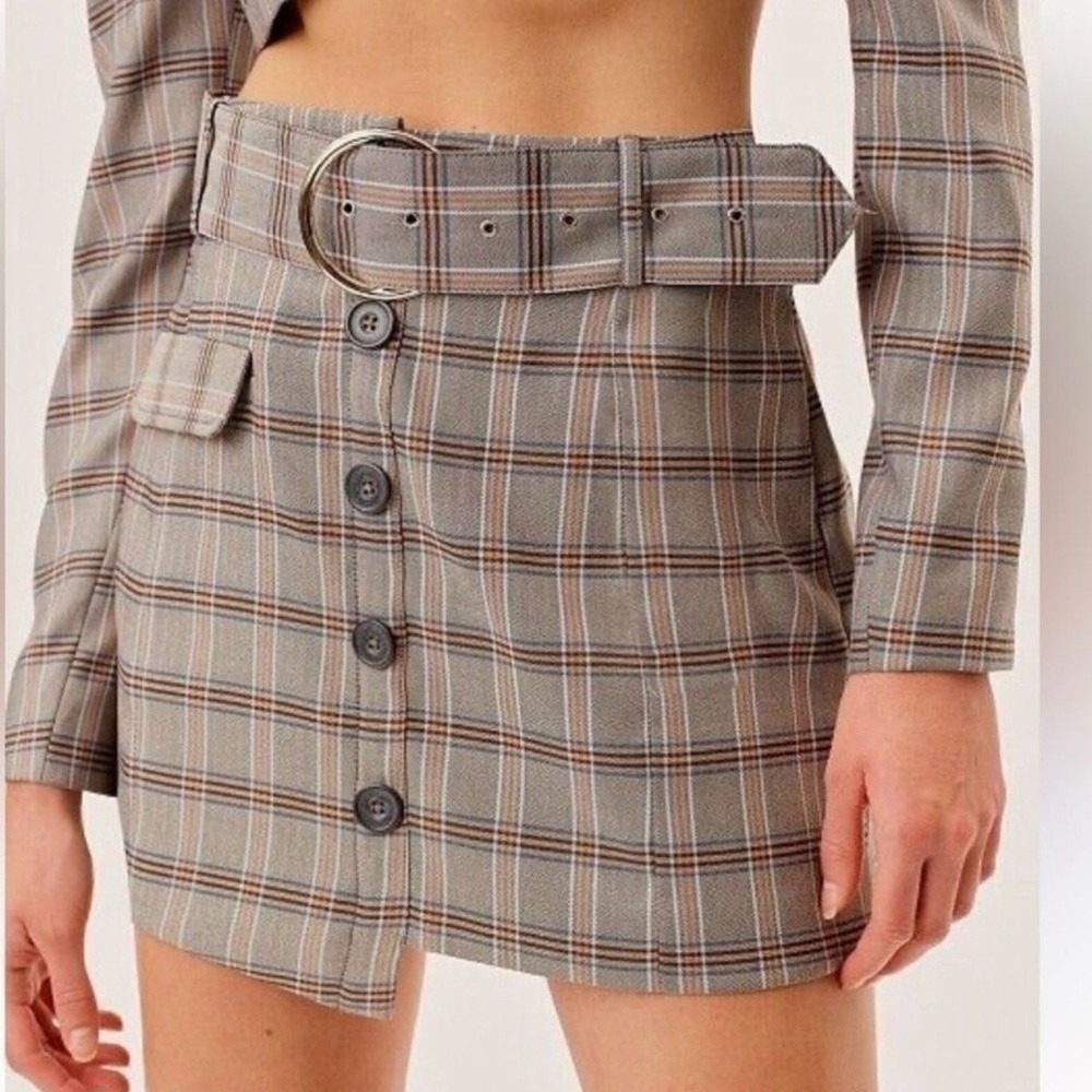 For Love & Lemons Grey Plaid Belted Button Front Mini Skirt XL NWT Dark Academia